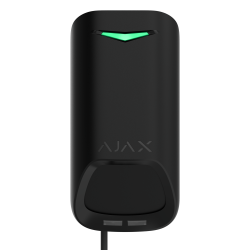 Schwarzer elektronischer Sensor mit grünem Licht und dem Schriftzug "AJAX" auf der Vorderseite.