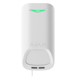 Weißes elektronisches Gerät mit grün leuchtendem LED-Anzeigelicht und der Aufschrift "AJAX".