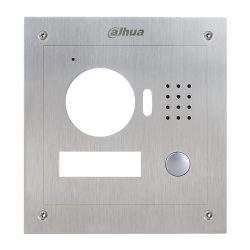 Ein silbernes Edelstahl-Panel mit dem Logo "Dahua" oben, das als Abdeckung für eine Sprechanlage dient, einschließlich eines runden Lochs für die Kamera, eines rechteckigen Bereichs für das Namensschild, eines Gitters für den Lautsprecher und eines Knopfes auf der rechten Seite.