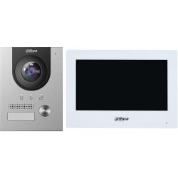 Ein Video-Türsprechanlagenset bestehend aus einer linken silbernen Außeneinheit mit Kamera und Ruftaste sowie einem rechten weißen Innenmonitor mit schwarzem Bildschirm, beide mit dem Dahua-Logo versehen.
