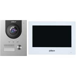 Videotürsprechanlage mit silberfarbener Kameraeinheit links und weißem Monitor rechts auf weißem Hintergrund.