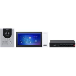 Ein Intercom-System der Marke Dahua bestehend aus einer Außensprechstelle, einem zentralen Monitorbildschirm, einem Verstärker und einem Ethernet-Switch.