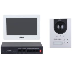 Dahua Video-Türklingel-Set mit einem weißen Monitor, einer silbernen Türstation mit Kamera und einem schwarzen Ethernet-Switch mit sechs Ports.