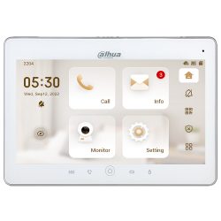 Interaktives Display von Dahua Technology mit Symbolen für Anruf, Info, Monitor und Einstellungen, sowie einer Uhrzeitanzeige mit Datum.