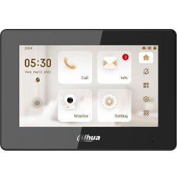 Ein schwarzes Dahua Bildschirmgerät mit Touchscreen-Oberfläche, das Uhrzeit, Datum und verschiedene Bedienoptionen wie Anruf, Info, Überwachung und Einstellungen anzeigt.