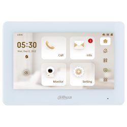Ein weißes Touchscreen-Display von Dahua Technology, das Uhrzeit und Datum sowie Symbole für Anrufen, Informationen, Monitor und Einstellungen zeigt.