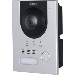 Eine silberne Videotürklingel von Dahua Technology mit Kamera, Mikrofon, Lautsprecher und Klingelknopf.
