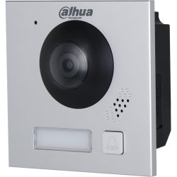 Ein silbernes Dahua Türsprechanlagenmodul mit Kamera, Lautsprecher, Mikrofon und Klingeltaste.