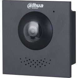 Eine schwarze Überwachungskamera mit dem Logo von Dahua Technology oben und einem zentralen Objektiv; unten befinden sich kleine Löcher, die vermutlich Mikrofon- oder Lautsprecheröffnungen sind.