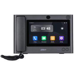 Ein modernes, graues Telefon mit einem Touchscreen-Display, das Uhrzeit, Datum und verschiedene Apps wie Telefon, Information, Monitor und Einstellungen zeigt; hergestellt von Dahua.