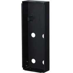 Schwarzes Metallgehäuse mit rechteckiger Form, an der Wand montierbar, mit mehreren runden Löchern und einem Pfeil zur Orientierung.