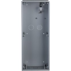 Leeres graues Metallgehäuse mit rechteckiger Form, zwei runden Aussparungen in der Mitte und mehreren Befestigungspunkten an den Kanten.
