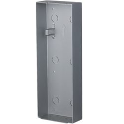 Graues, rechteckiges Metallgehäuse offen an der Vorderseite, mit eingeprägten Kreisen an der Rückwand und einem seitlichen Befestigungsclip.