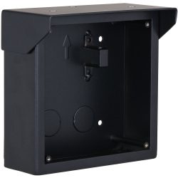 Schwarzes rechteckiges Gehäuse mit einer offenen Vorderseite und markierter Richtungspfeil an der Innenseite, geeignet zur Montage von elektronischen Geräten.