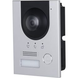 Silberne Türsprechanlage mit Kamera, Mikrofon, Lautsprecher und Klingelknopf.