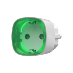 Ein weißer Steckdosenadapter mit grüner, leuchtender LED-Innenfläche.