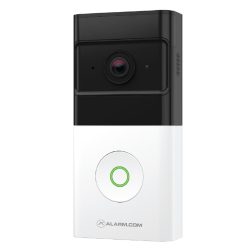 Ein schwarz-weißes Video-Türklingelgerät der Marke Alarm.com mit Kamera und beleuchtetem Klingelknopf.