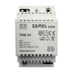 Ein elektrischer Transformator Zamel exta TRM-24 für DIN-Schienenmontage mit Spezifikationen 230 V AC und 24 V AC, der Schutzklasse IP20 und verschiedenen Zulassungszeichen auf der Vorderseite.