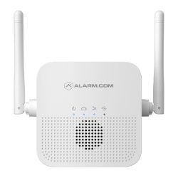 Weißer Alarm-Controller von Alarm.com mit zwei Antennen und blauen LED-Anzeigen auf der Vorderseite.