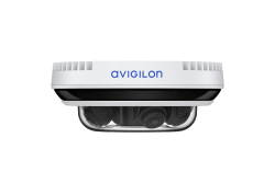 Avigilon Sicherheitskamera in rechteckigem Gehäuse mit weißer Oberseite und schwarzer Unterseite, von vorne gezeigt.