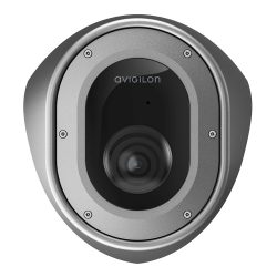 Nahaufnahme einer Avigilon-Überwachungskamera mit Metallgehäuse und zentralem Objektiv auf weißem Hintergrund.