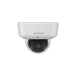 Weiße Avigilon-Überwachungskamera in Dome-Form, frontal aufgenommen, mit sichtbarer Linse in der Mitte.