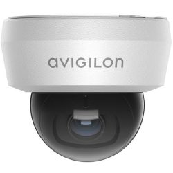 Weiße Überwachungskamera der Marke Avigilon mit kuppelförmigem Gehäuse und sichtbarem Kameraobjektiv in der Mitte.