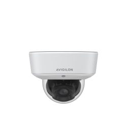 Eine weiße Überwachungskamera von Avigilon mit einer gewölbten Linse.