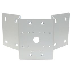 Weiße, dreiteilige Montagehalterung mit vorgebohrten Löchern für die einfache Wandbefestigung, geeignet für CCTV- oder Kamerainstallationen.