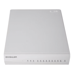 Ein weißer Netzwerkrekorder mit mehreren kleinen Indikatorleuchten auf der Vorderseite und dem Aufdruck 'Avigilon'.