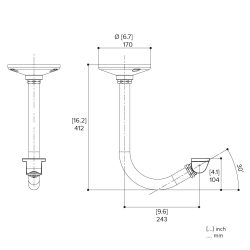 Technische Zeichnung eines Rohrsystems mit verschiedenen Maßen in Millimetern und Zoll; das Diagramm zeigt einen vertikalen Teil mit einer Gesamthöhe von 412 mm und einen gebogenen Abschnitt mit einer Länge von 243 mm und einem Winkel von 30 Grad, sowie einen runden Flansch mit einem Durchmesser von 170 mm.