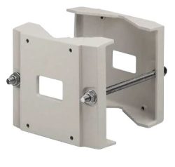 Weißer, quadratischer Halter aus Metall mit quadratischem Loch in der Mitte und zwei seitlichen Bolzen zur Befestigung.