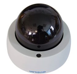 Dome-Kamera mit dunkler, spiegelnder Kuppel auf einer weißen Basis, möglicherweise für Überwachungszwecke.