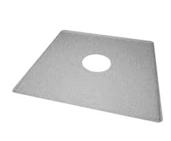 Eine quadratische Metallplatte mit einem mittig platzierten kreisförmigen Loch.