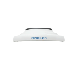 Weiße Avigilon Sicherheitskamera mit runder Form, von der Seite gezeigt, mit dem Markennamen in Blau auf dem Gehäuse.