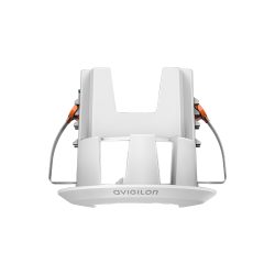 Weiße Deckenhalterung von Avigilon mit einem stilisierten Design und zwei seitlichen Metallbügeln.