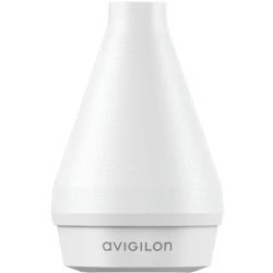 Ein weißes, kegelförmiges Sicherheitskamera-Gehäuse mit der Aufschrift "Avigilon" am unteren Rand.