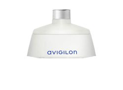 Weiße Abdeckung mit einem "Avigilon"-Logo in blauer Schrift, vermutlich für eine Kamerahalterung oder Montage.