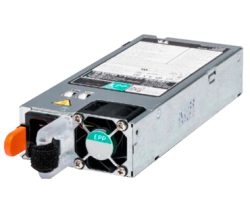 Ein silberfarbenes Server-Netzteilmodul mit Kühlventilator und einem Warnhinweisetikett auf der Oberseite.