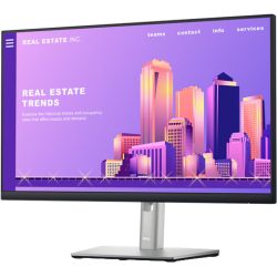 Ein Monitor zeigt eine Grafik mit einem Skyline-Design in Lila- und Gelbtönen, dargestellt wird das Thema "Real Estate Trends" mit mehreren Menüoptionen oben auf dem Bildschirm.