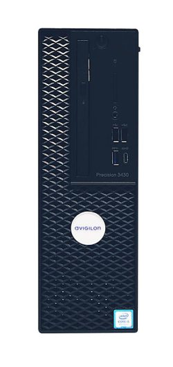 Ein schwarzer Desktop-Computer vom Typ Precision 3430, vorne mit mehreren USB-Anschlüssen und einem Intel Core i5-Logo versehen.