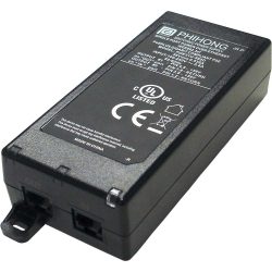Schwarzes Netzteil von Phihong mit einer Beschriftung zur Stromversorgungsspezifikation und Zertifizierungen auf der Oberseite. Es hat zwei Ethernet-Anschlüsse an einem Ende, gekennzeichnet als 'Out' und 'In'.