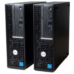 Zwei schwarze Computergehäuse mit Lüftungsschlitzen auf der Vorderseite, jeweils mit USB-Anschlüssen und einem Intel Core Logo versehen.