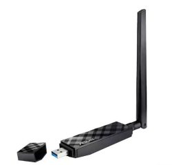 Ein USB-WLAN-Adapter mit abnehmbarer Kappe und großer, schwarzer Antenne, die neben dem Adapter auf dem Tisch steht.