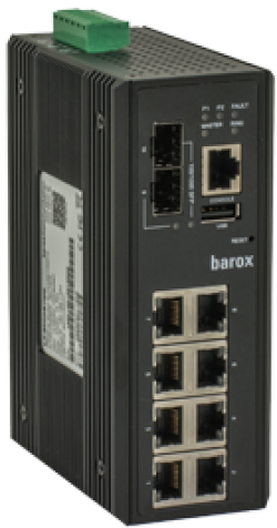 Ein schwarzer Netzwerk-Switch mit mehreren Ethernet-Ports und einem grünen Terminalblock an der Oberseite.