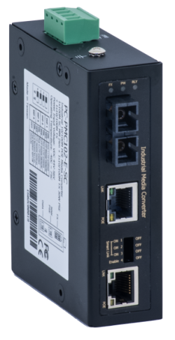 Industrieller Medienkonverter mit zwei Ethernet-Ports und einem optischen Port auf der Vorderseite, zweifarbigem Etikett und grünem Anschluss an der Oberseite.