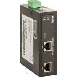 Ein schwarzer PoE-Injektor von Barox mit zwei Ethernet-Ports, einem grünen Anschluss oben und LED-Anzeigen für Strom und Datenübertragung.