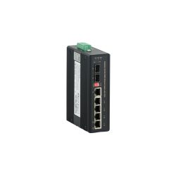 Ein industrieller Ethernet-Switch mit PoE+-Unterstützung, der einen schwarzen, rechteckigen Korpus hat, mehrere Ethernet-Anschlüsse und SFP-Ports auf der Vorderseite sowie einen grünen Stromanschluss an der Oberseite.