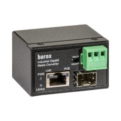 Ein schwarzer industrieller Gigabit-Medienkonverter von Barox mit einem Ethernet-Port, einem SFP-Slot und einer grünen Stromanschlussklemme.