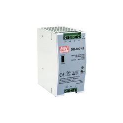 Mean Well DR-120-48 Schaltnetzteil in grauem Gehäuse mit schwarzem und rotem Logo, mehreren Schriftzügen und Anschlüssen an der Oberseite.
